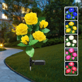 LED Solar Flower Light, Outdoor Solar Landscape Lights with 5 Rose Flowers, Waterproof Solar Garden Lights for Patio Yard Pathway Decoration, Yellow